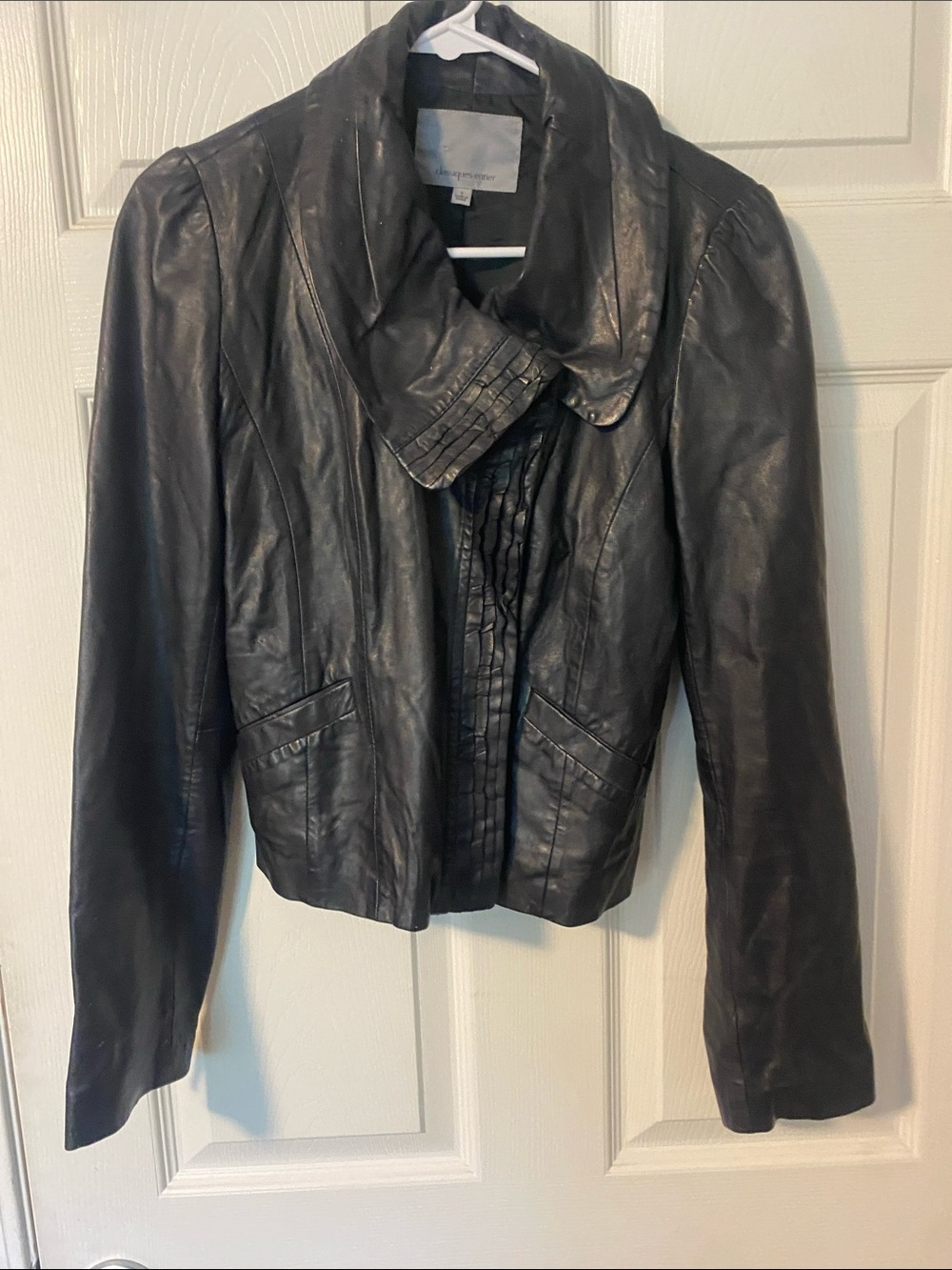 Classiques Entier Black Leather Cropped Jacket with Pleated Trim